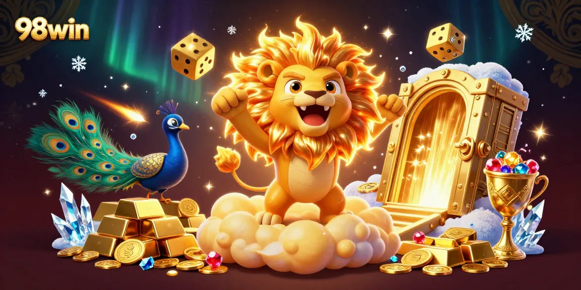 Win big at 98win with an ultra-detailed illustration of a vibrant casino scene celebrating luck and winnings.