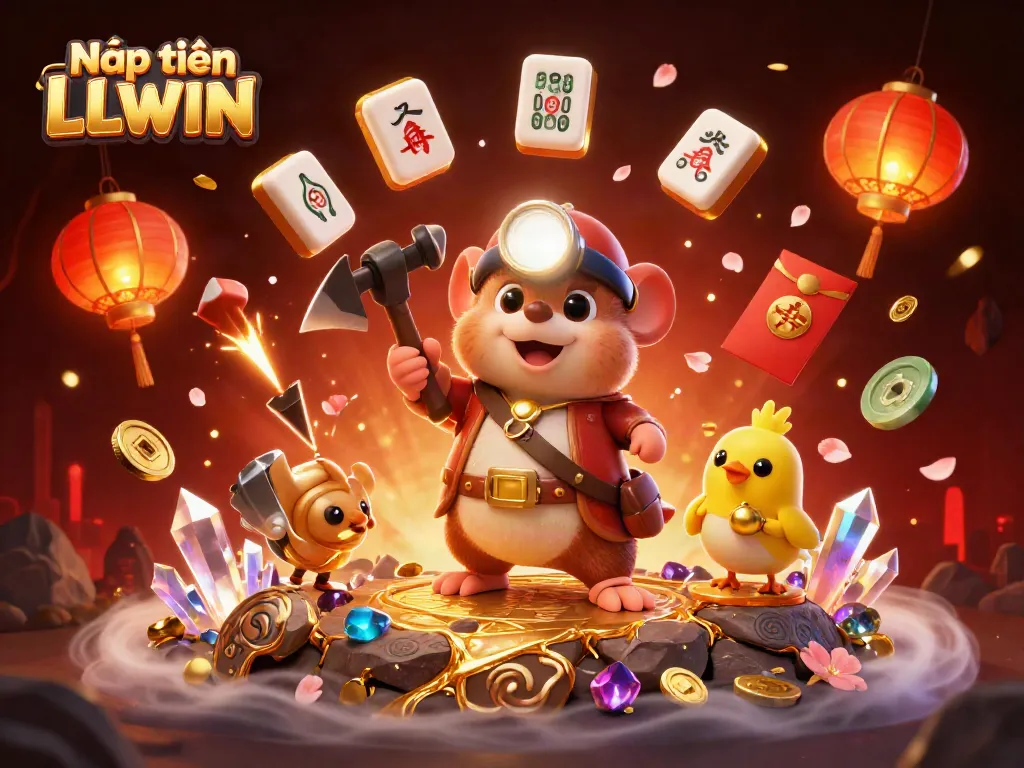 A treasure hunter mole and canary depict Nạp tiền LLWIN, mining in a gem-filled cave with floating casino elements.