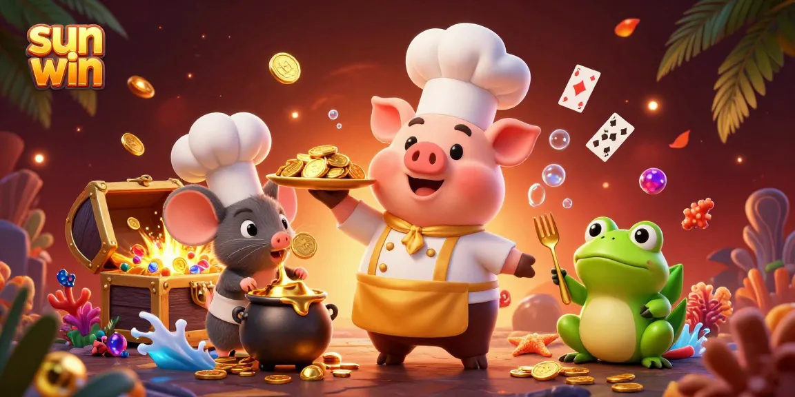 Experience the excitement of sun win with a chef, mouse, and frog in a vibrant casino setting.
