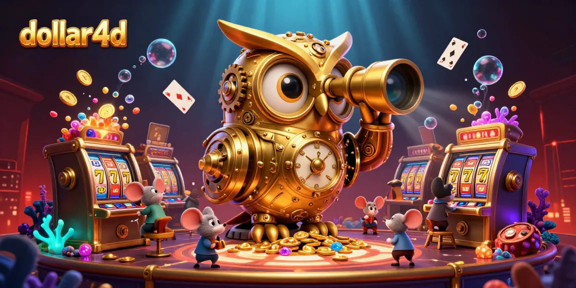 Engage with dollar4d's vibrant casino scene featuring animated characters and dynamic slot machines.