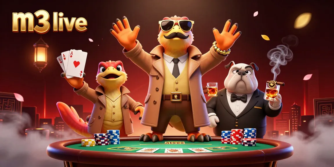 Engage in thrilling m3 live poker action with cartoon raptors in a casino scene.