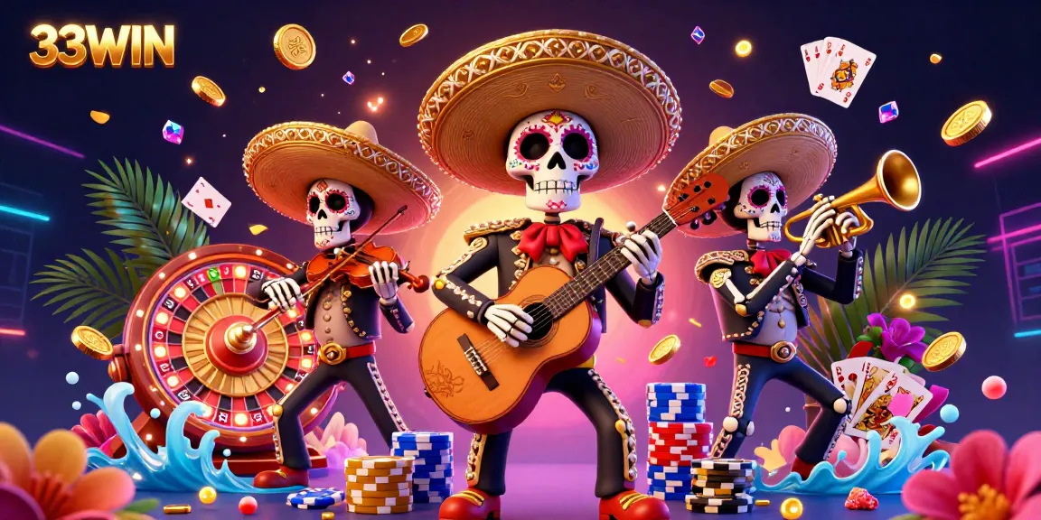 Experience the excitement of 33WIN with this vibrant illustration showcasing a mariachi band amidst flying casino coins and playing cards.