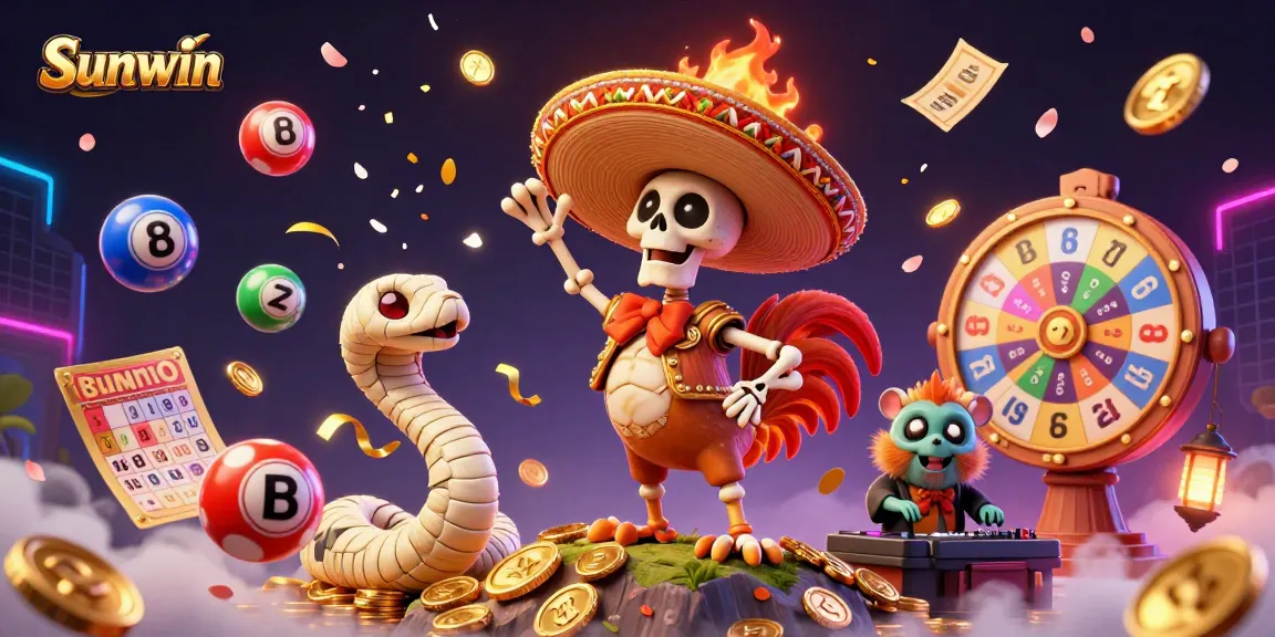 Experience the thrill of Sunwin with vibrant scenes of animated characters and casino action.