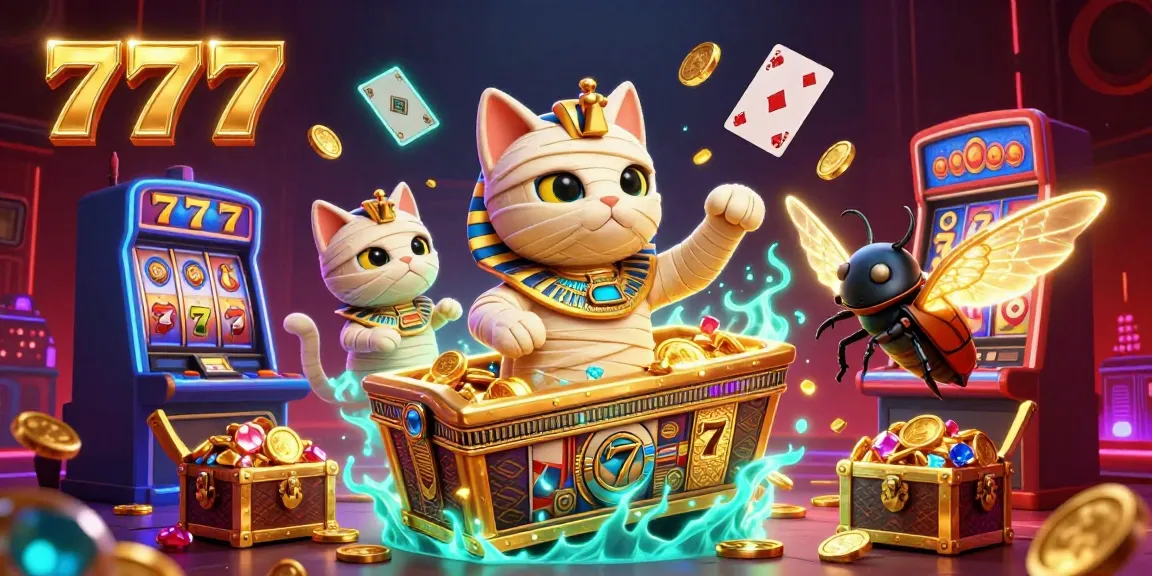 Experience 777 excitement as the Egyptian mummy cat unleashes treasures in a vibrant casino.