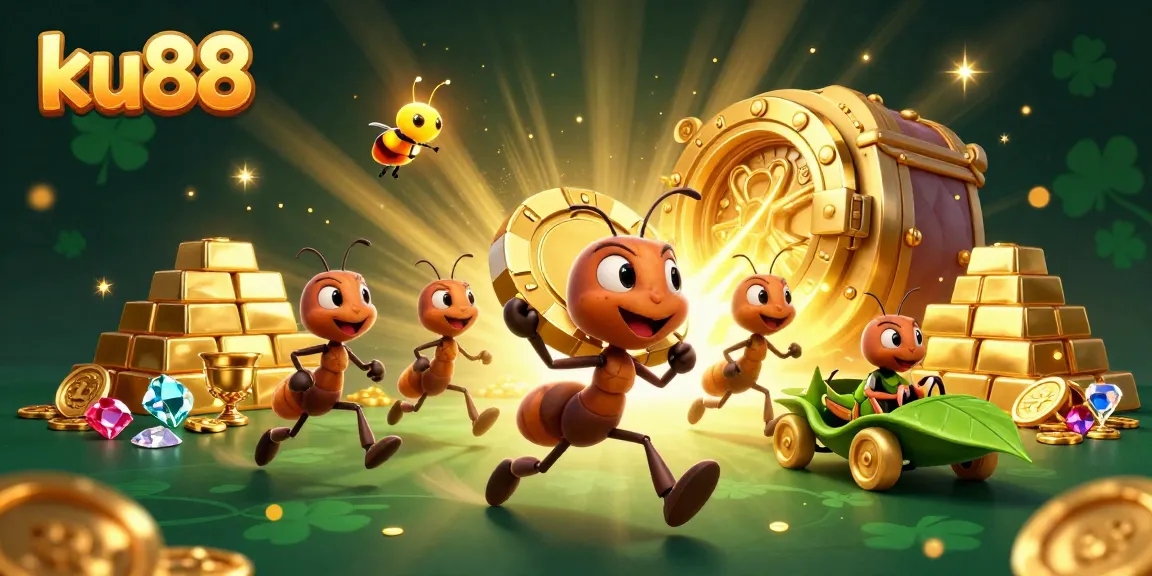 ku88's dynamic heist scene with cartoon ants, golden treasure, and lively gaming elements.