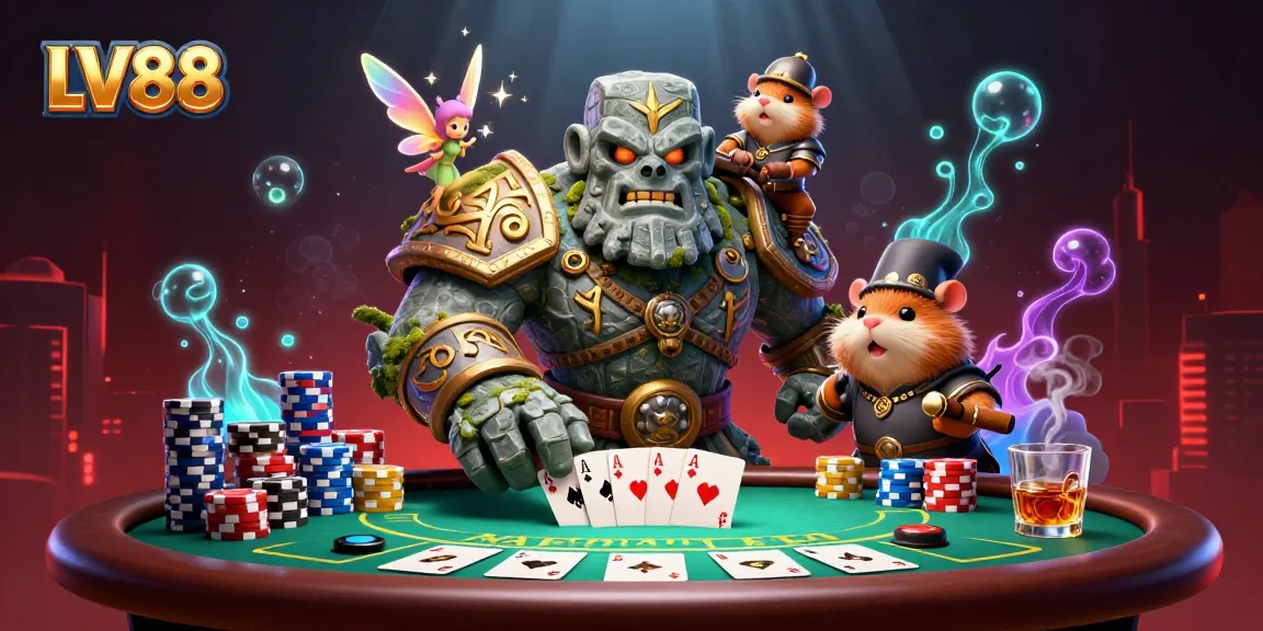Engage in thrilling poker excitement at LV88 with dynamic characters and vibrant casino elements.