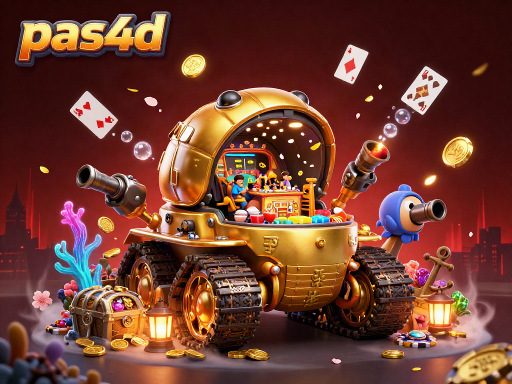 Gambar pas4d menampilkan tank keong emas 3D dengan kasino mini dan banyak elemen permainan kasino di sekelilingnya.