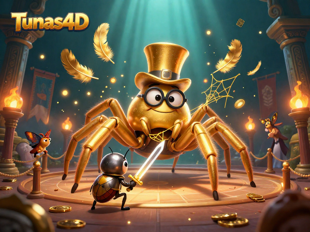 Tunas4D showcases an exciting online betting scene with a whimsical beetle knight and a golden tarantula.