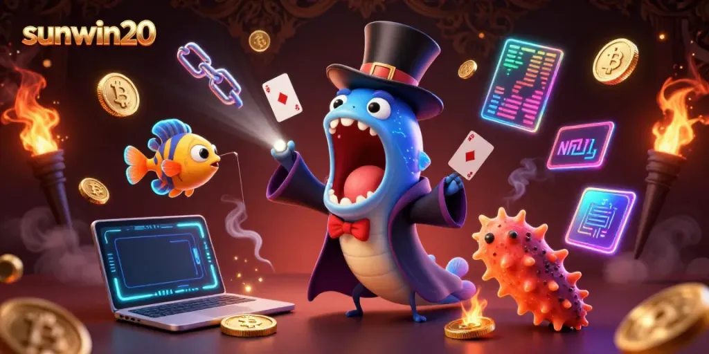 Experience thrilling casino magic with Sunwin20 featuring a gulper eel and anglerfish amidst neon crypto coins.