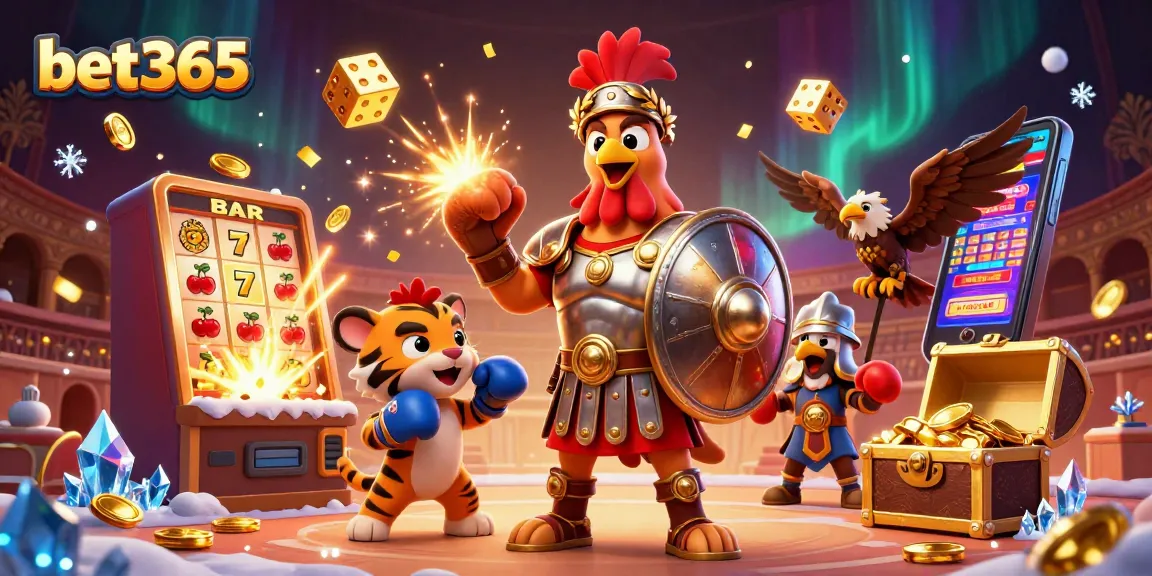 Experience thrilling gaming with bet365's animated rooster and sparring cub illustration.