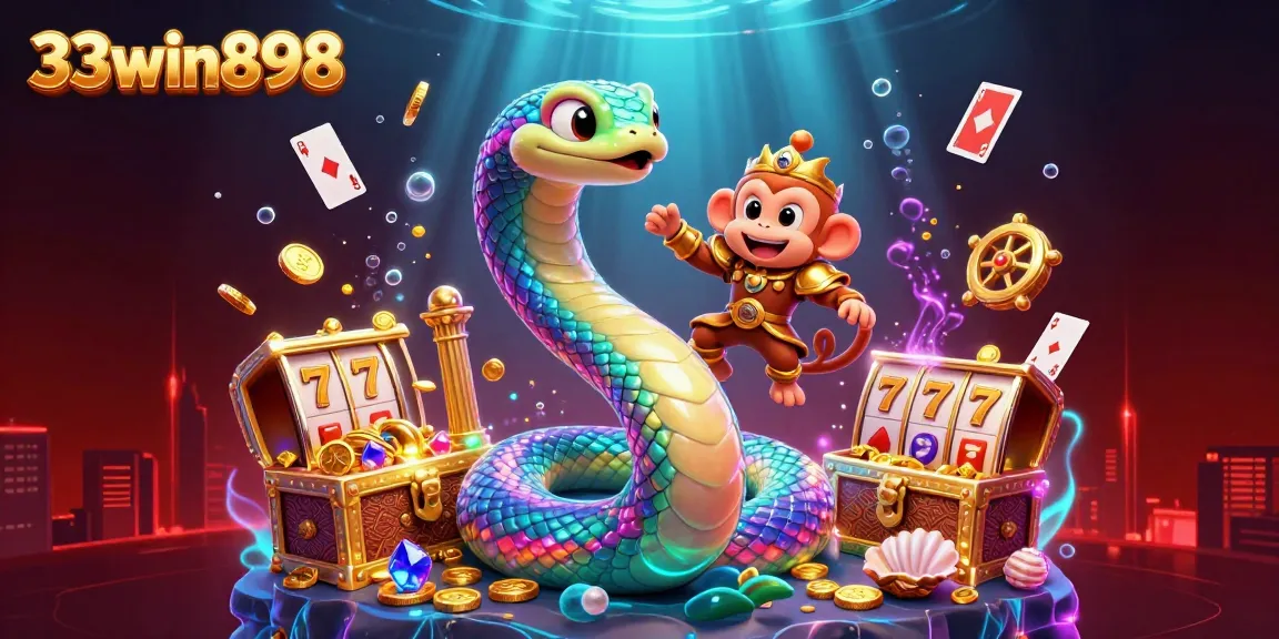 Engaging 3D illustration of the 33win898 casino featuring a vibrant rainbow serpent and coin-filled treasure chests.