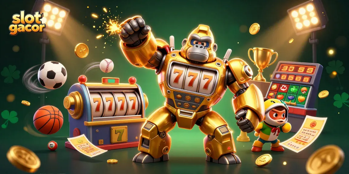 Slot gacor menampilkan mech gorila emas yang terbuat dari bagian mesin slot dengan simbol keberuntungan dan elemen permainan kasino.