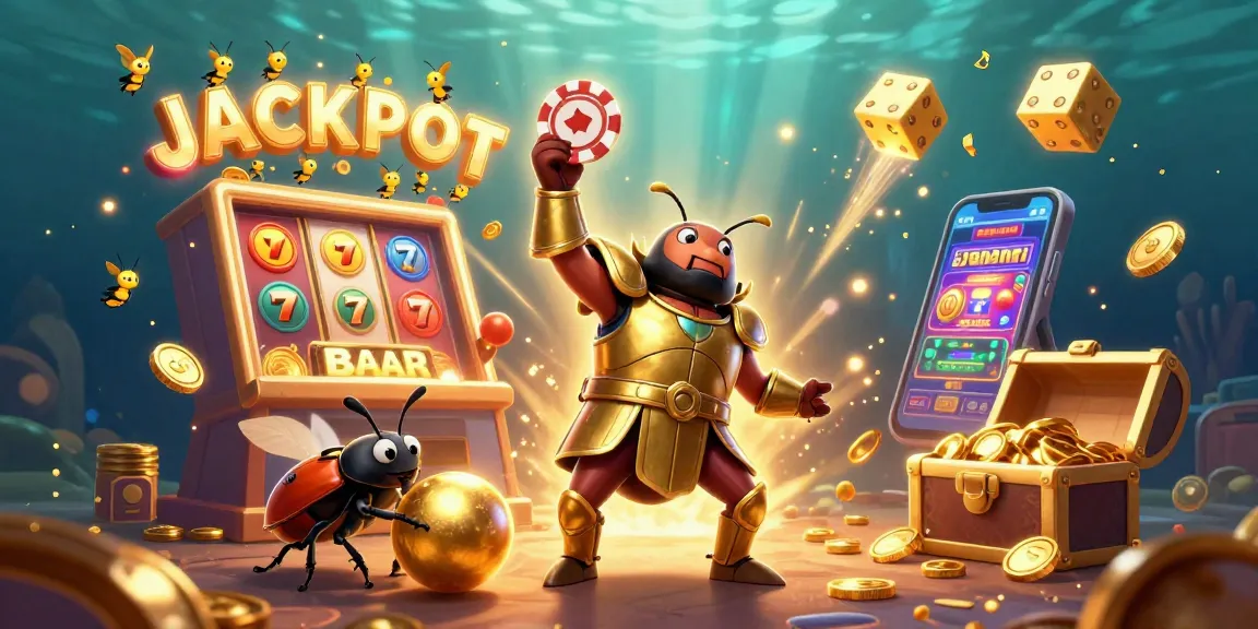 ea88 brings excitement with a hercules beetle celebrating a jackpot in a colorful casino illustration.