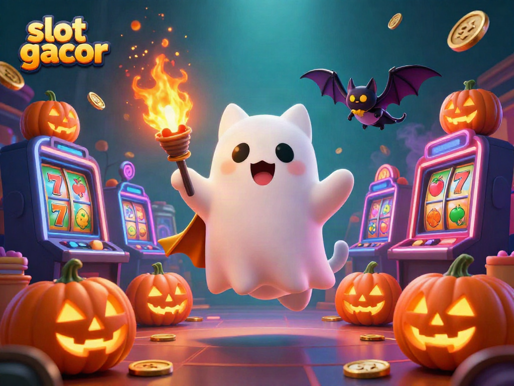 Engage with slot gacor in a lively casino scene featuring a ghost cat, vampire bat, and glowing jack-o-lanterns.