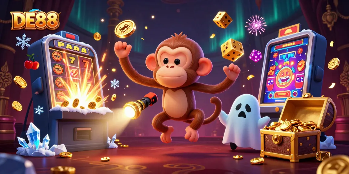 DE88 showcases a playful poltergeist monkey juggling golden casino elements in a lively haunted casino.