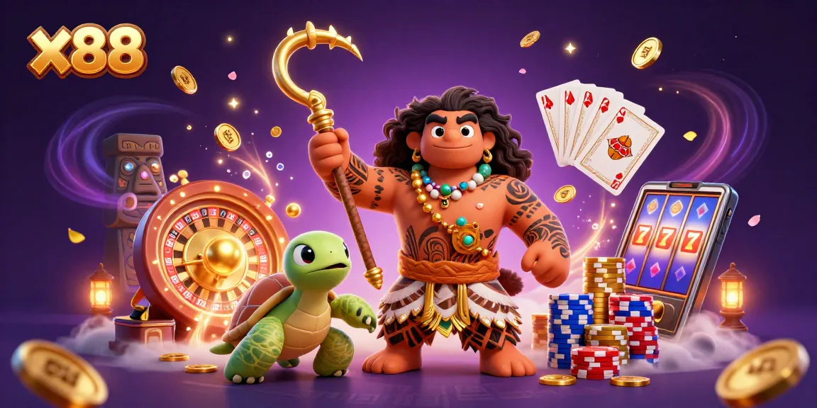 x88 welcomes players with a whimsical scene of a demigod, turtle, and festive casino elements.