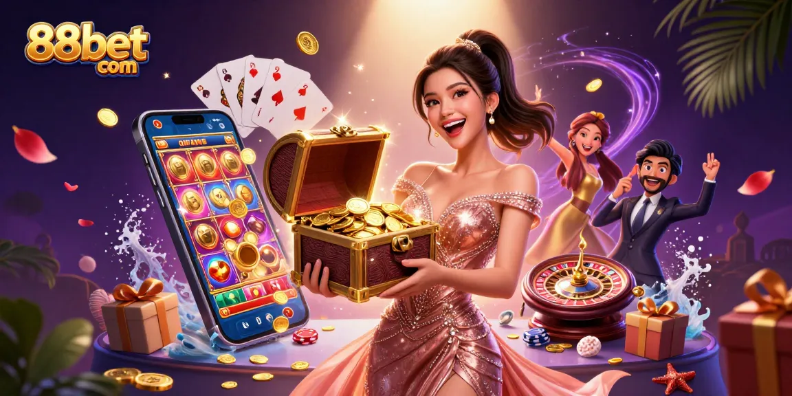 Play exciting slots at 88bet com, enjoying a vibrant treasure-filled casino scene.