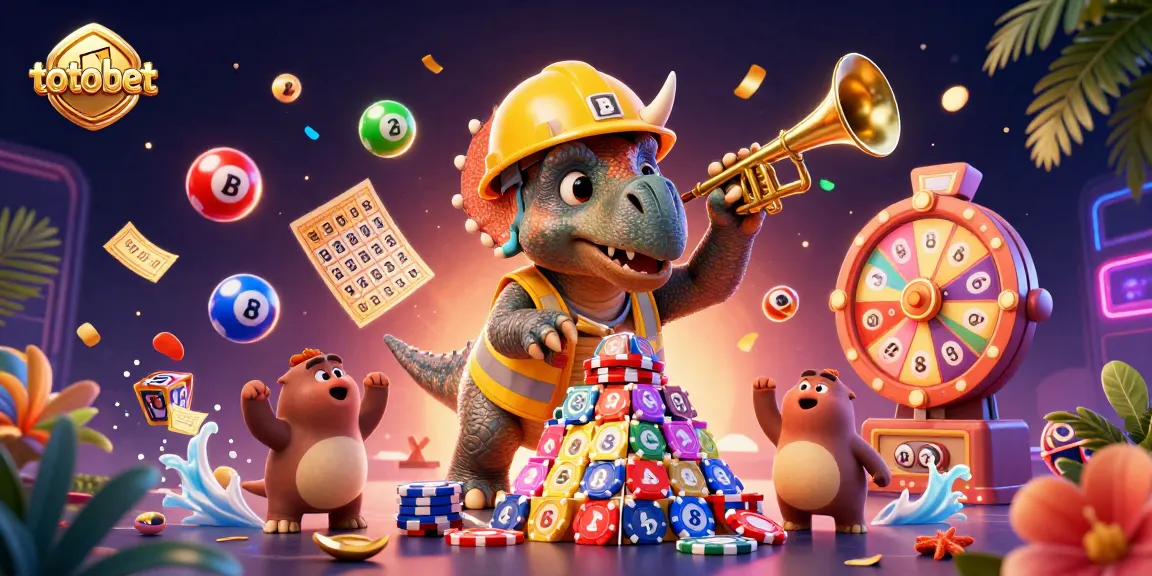 Engage with totobet's vibrant casino scene featuring playful characters celebrating gambling excitement.