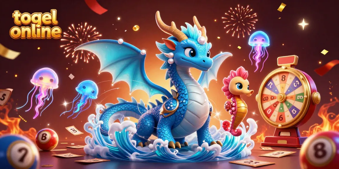 Engage in togel online with vibrant lottery and bingo elements featuring a dynamic dragon and seahorse characters.