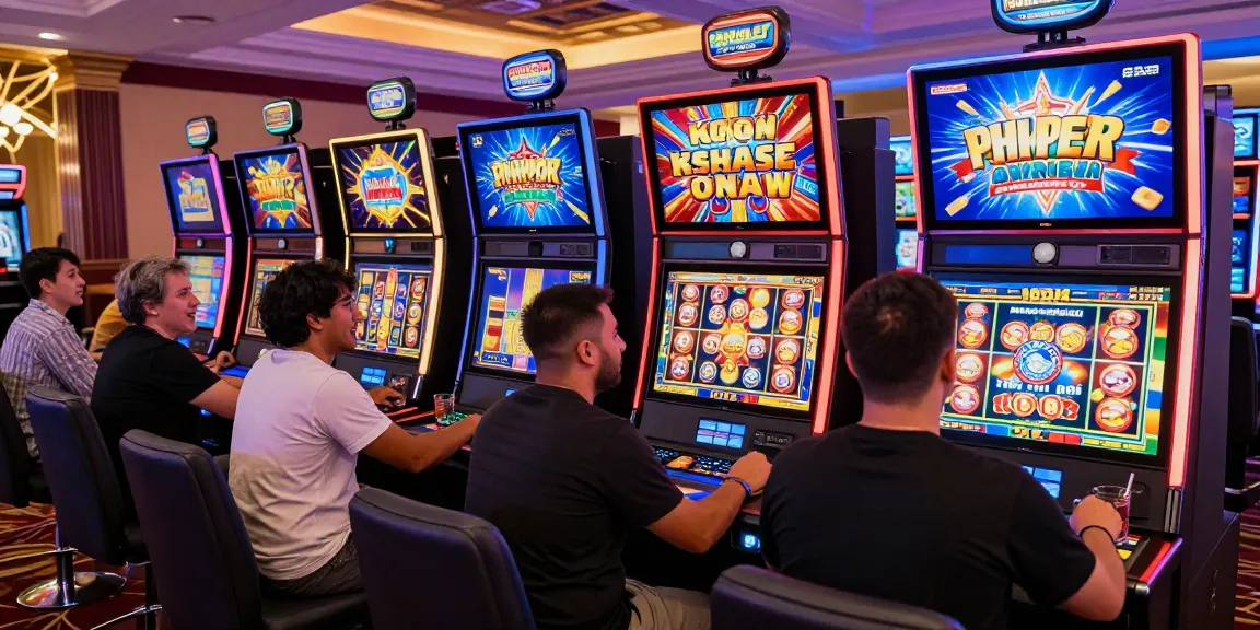 Players enjoying engaging slot machines in a lively casino atmosphere.