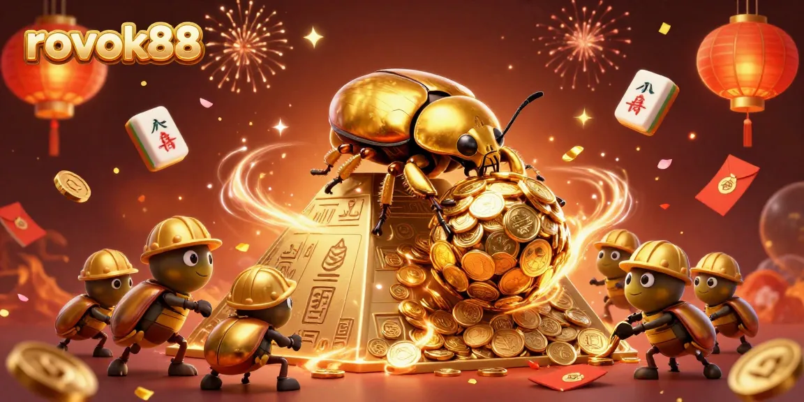 Join rokok88 to experience dynamic casino excitement with golden beetles and vibrant decorations.