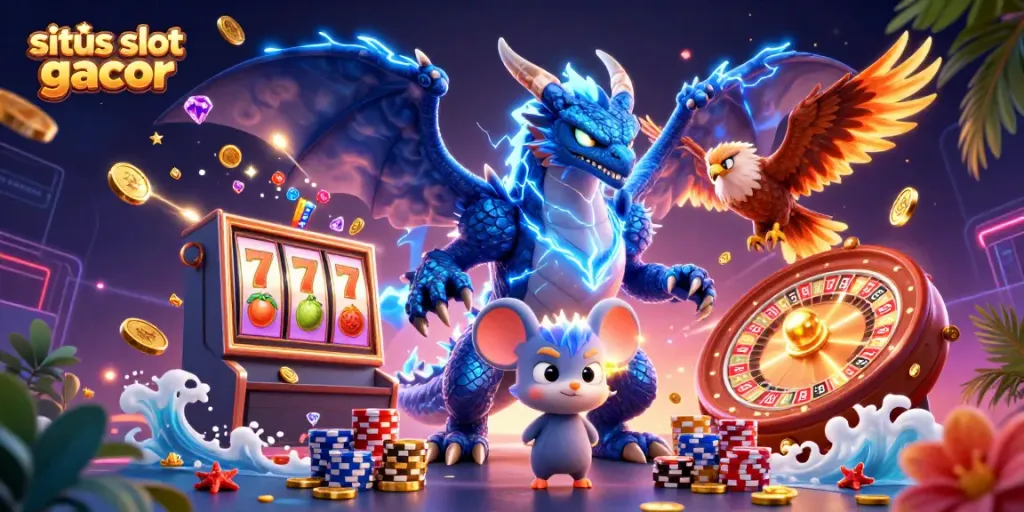Menghentakkan situs slot gacor dengan naga 3D dan simbol keberuntungan dalam latar kasino yang menarik