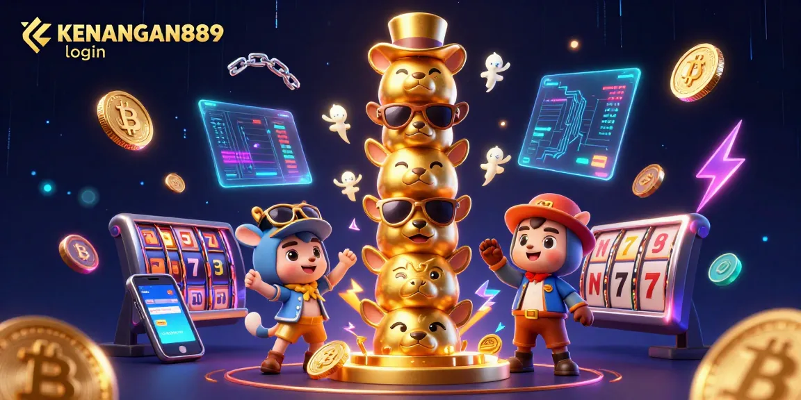 Experience the excitement of KENANGAN889 login with vibrant casino symbols and animated characters.