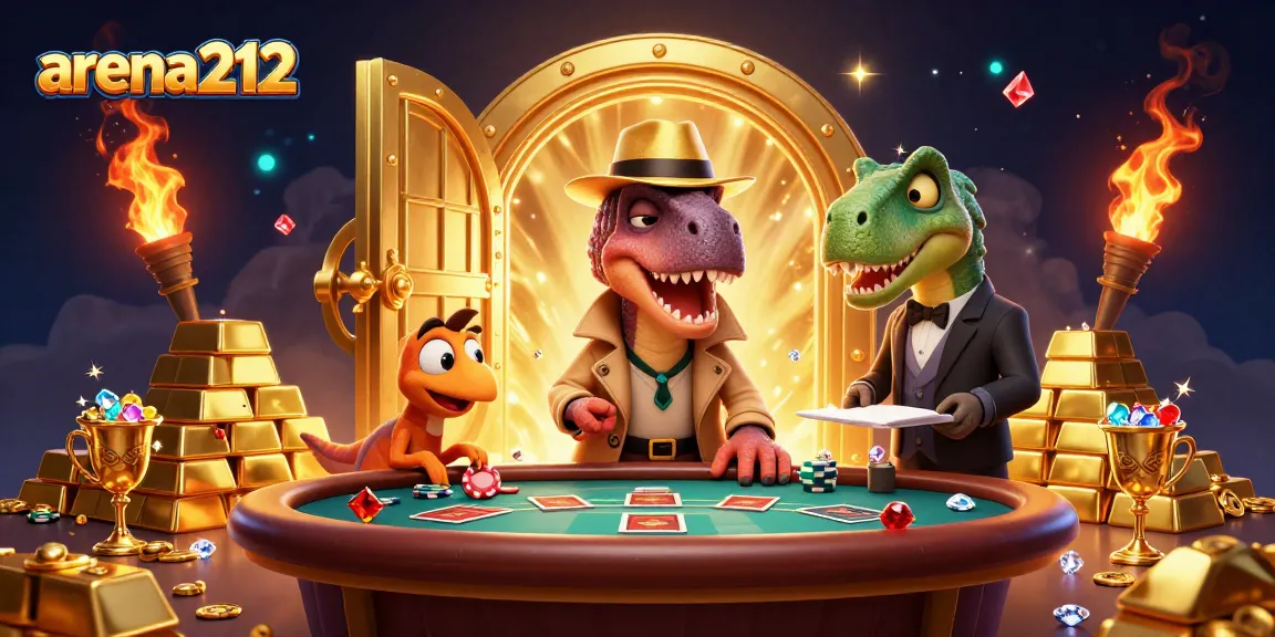 arena212 memperlihatkan velociraptor beraksi di meja blackjack, dikelilingi harta karun dan suasana kasino penuh warna.
