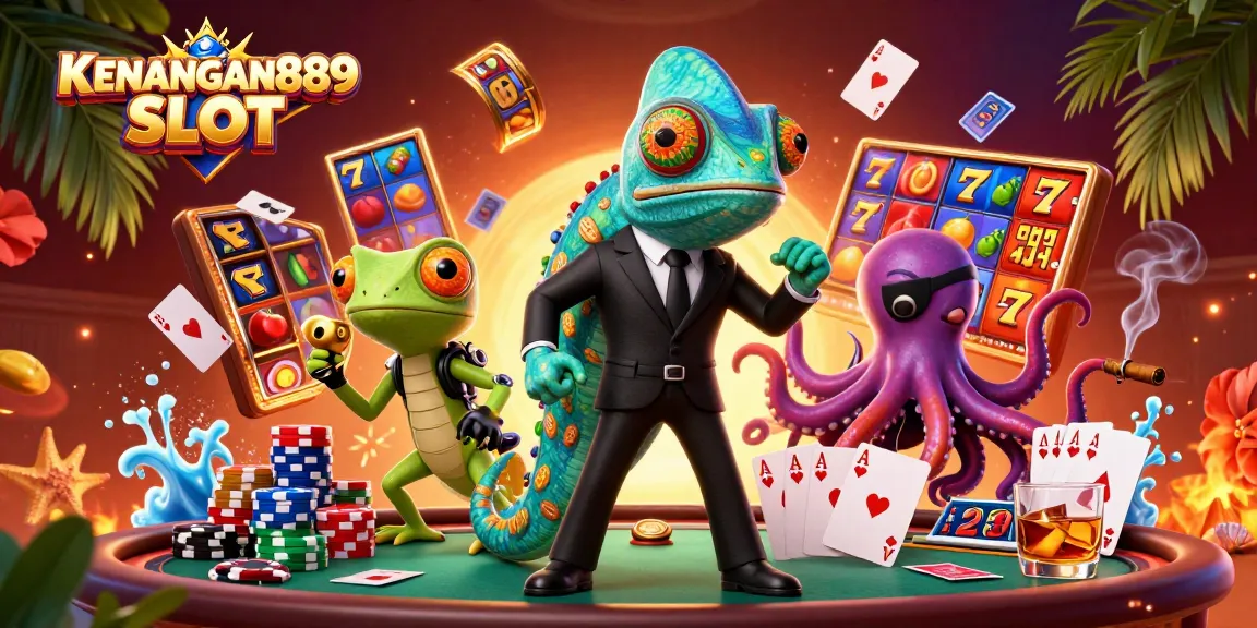 Engage with the KENANGAN889 SLOT as a colorful chameleon takes center stage amidst dazzling slot reels and poker elements.