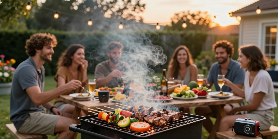 Temu barbeque outdoor dengan teman sambil memasak di gril, suasana hangat dan menyenangkan, BOS88 Daftar.