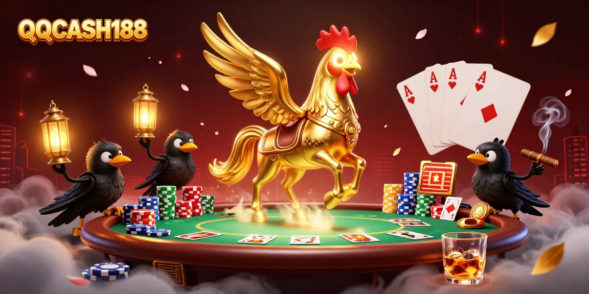 Experience QQCASH188's thrilling casino scene with golden rooster, poker table, and lively lanterns.