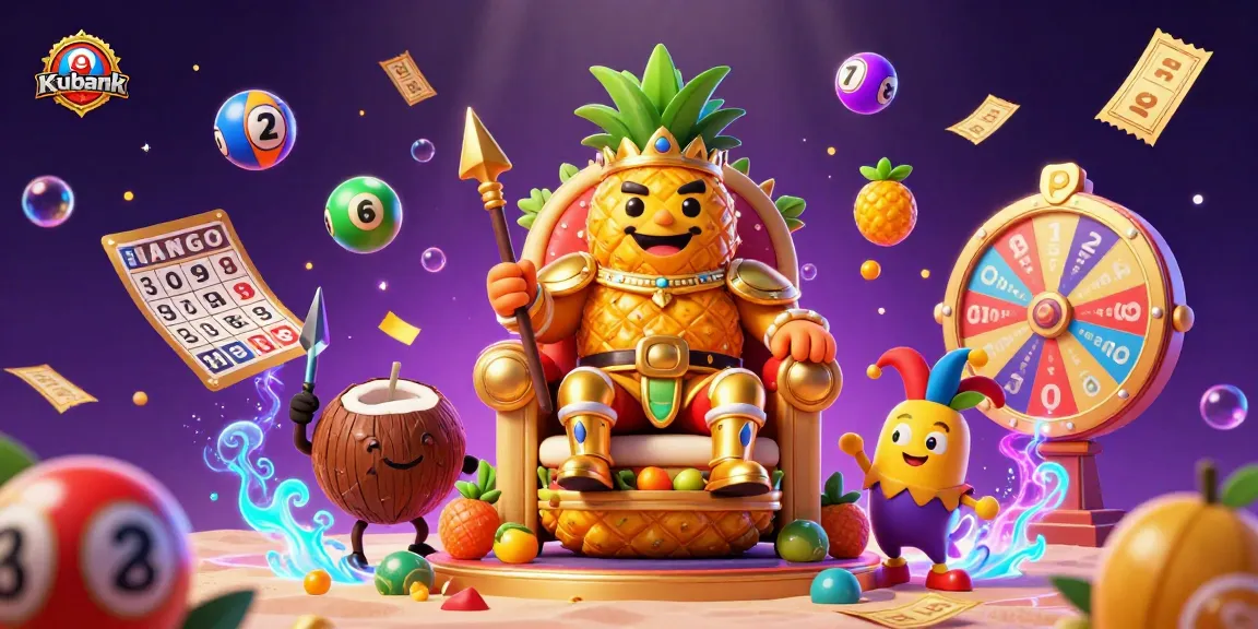 Kubank livens up the casino scene with vibrant illustrations of a whimsical pineapple king and lively gaming elements.
