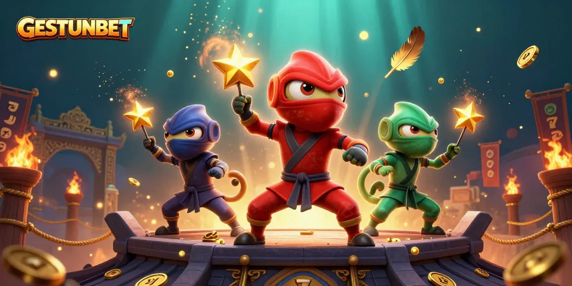 Engage with GESTUNBET's thrilling slots and rewards in a vibrant 3D gaming illustration.