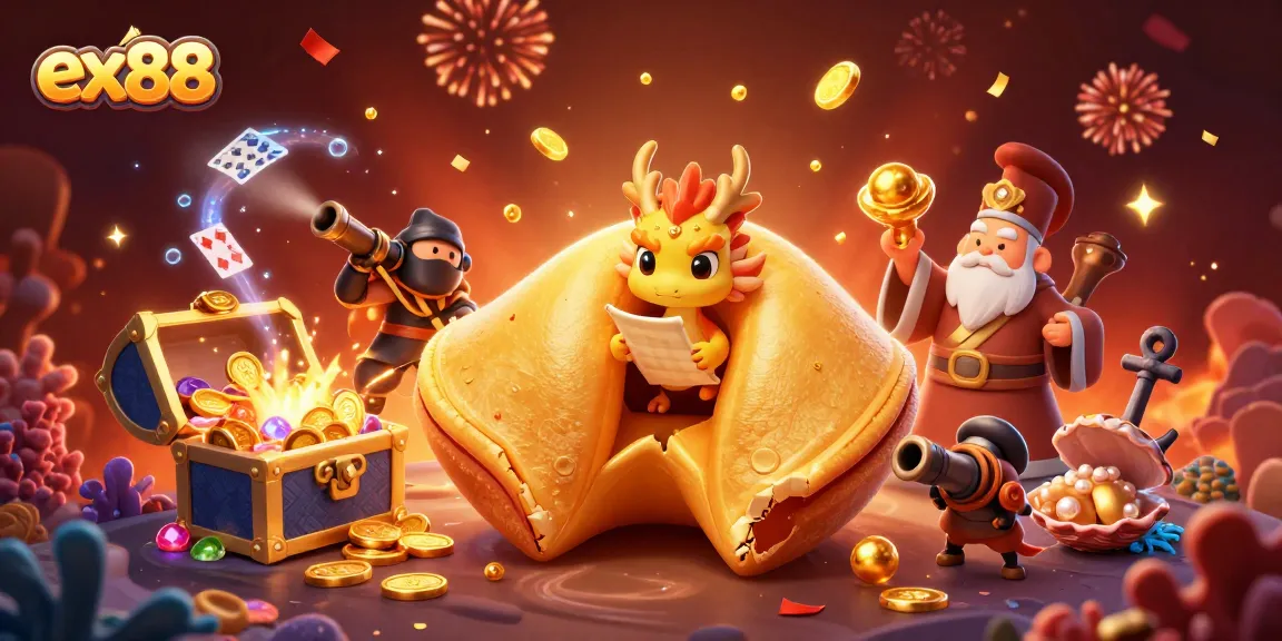 Engage with the thrilling world of EX88 featuring a magical scene with fortune cookie characters and dynamic game elements.