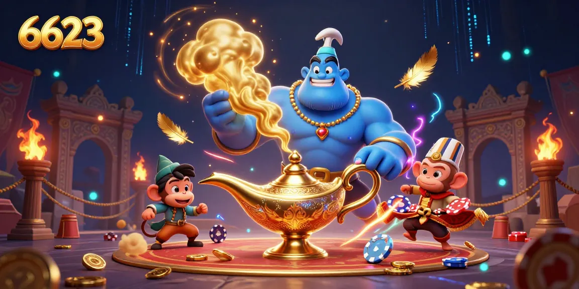 Engage in thrilling gameplay with 6623, featuring a magical genie, poker chips, and a vibrant casino atmosphere.