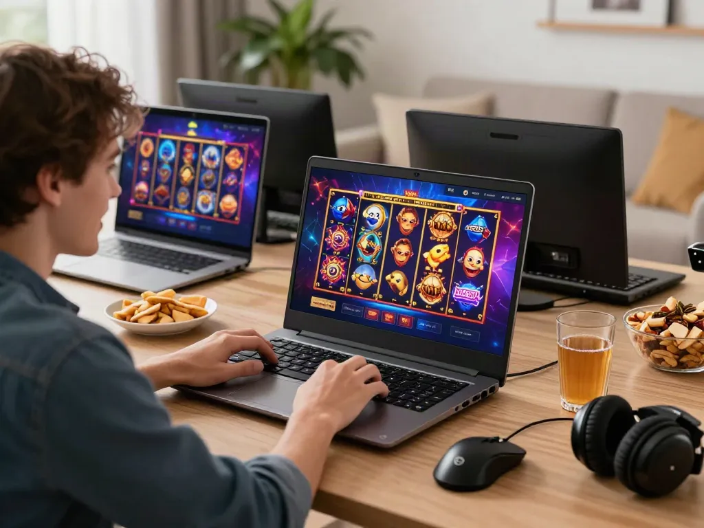 Engaged player enjoying slot online games on a laptop in a cozy living room.