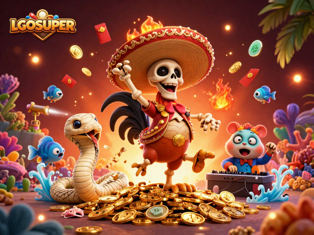 Engage with LGOSUPER's thrilling fish shooting game illustrated with festive characters and vibrant action elements.