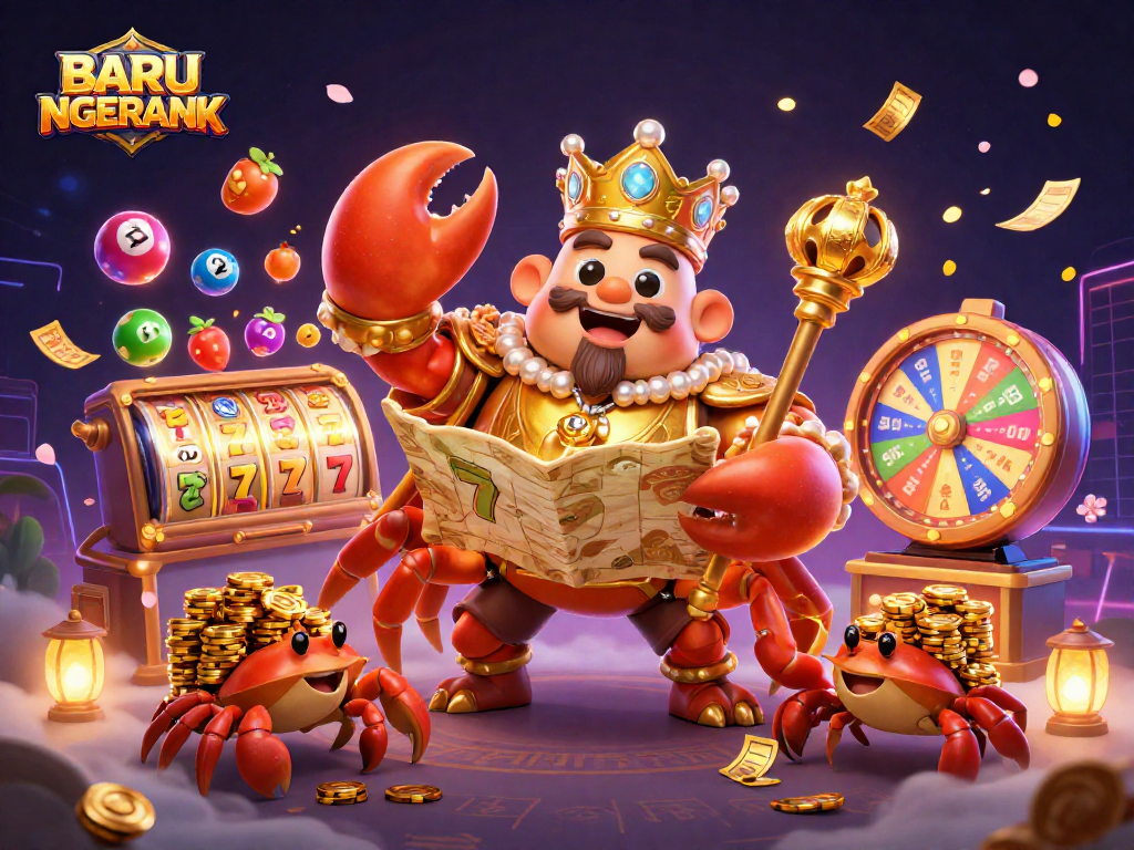 Engage with BARU NGERANK featuring dynamic slot reels and a golden crab emperor illustration in a vibrant casino scene.