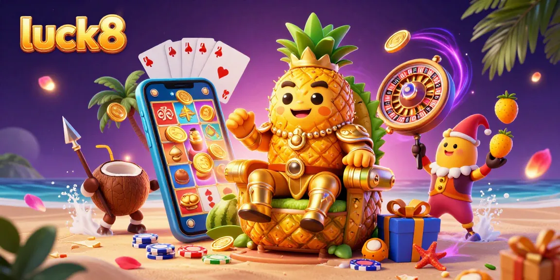 Experience luck8 with a vibrant casino scene featuring a pineapple king surrounded by gaming elements.