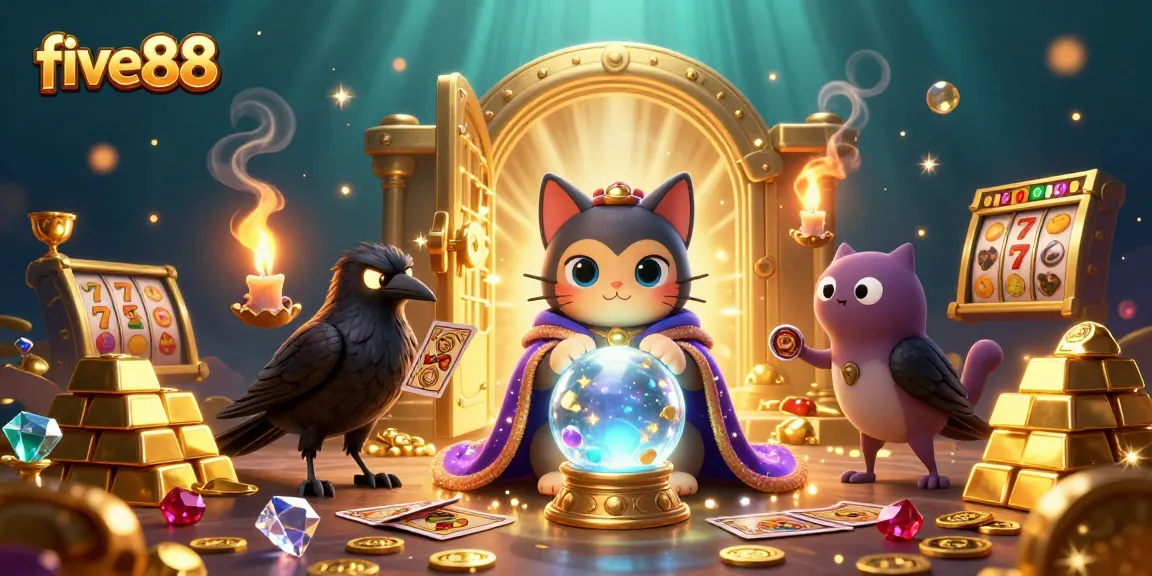 Immerse in five88's dynamic 3D casino scene with mystical elements and vibrant treasures.