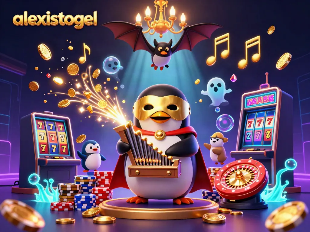 Visualisasi slot permainan menarik dengan elemen alexistogel, koin emas dan jackpot berkilauan.