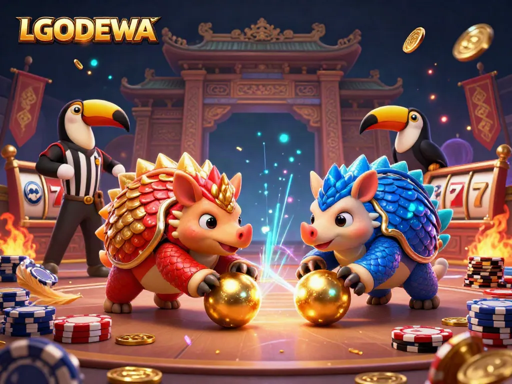 Engaging LGODEWA gaming scene with rival pangolins and vibrant casino elements, conveying excitement and strategy.