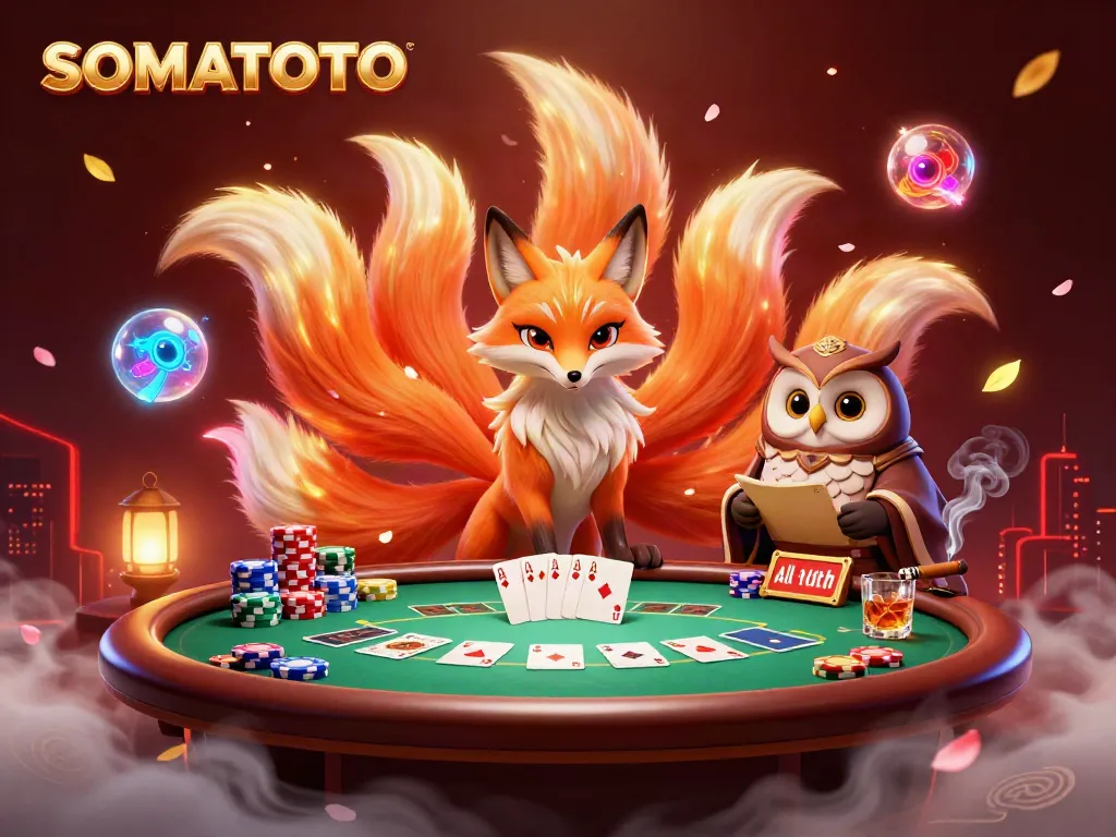 Engage with SOMATOTO's vibrant gaming world showcasing a colorful nine-tailed fox, a wise owl, and lively poker elements.