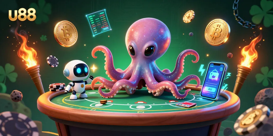 Experience thrilling gaming at u88 with a futuristic poker scene featuring an alien octopus and crypto elements.