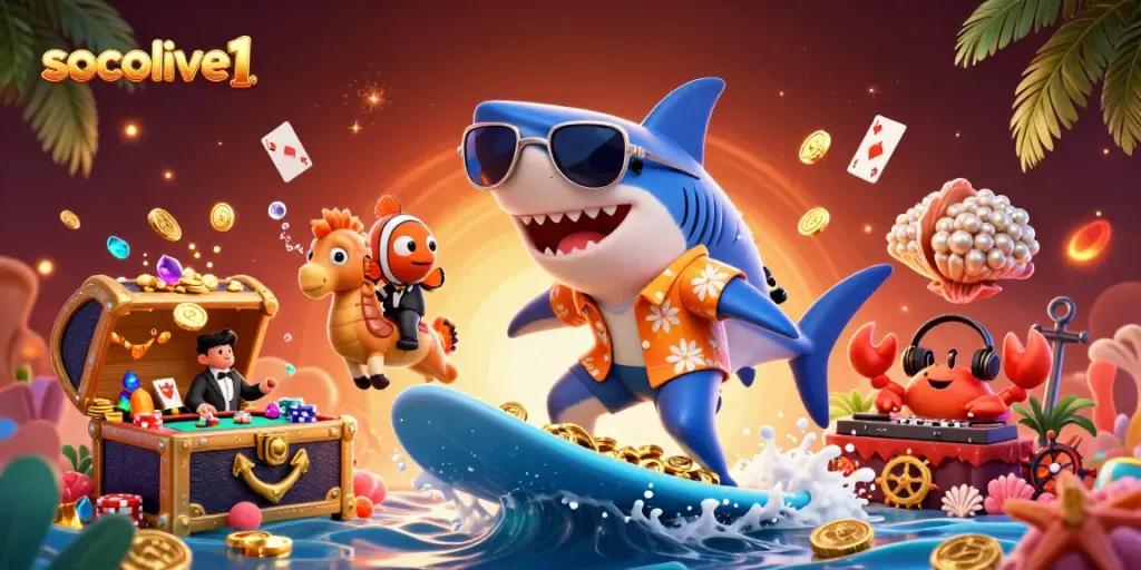 Get ready for action with socolive1 as a shark and friends enjoy a lively casino adventure!