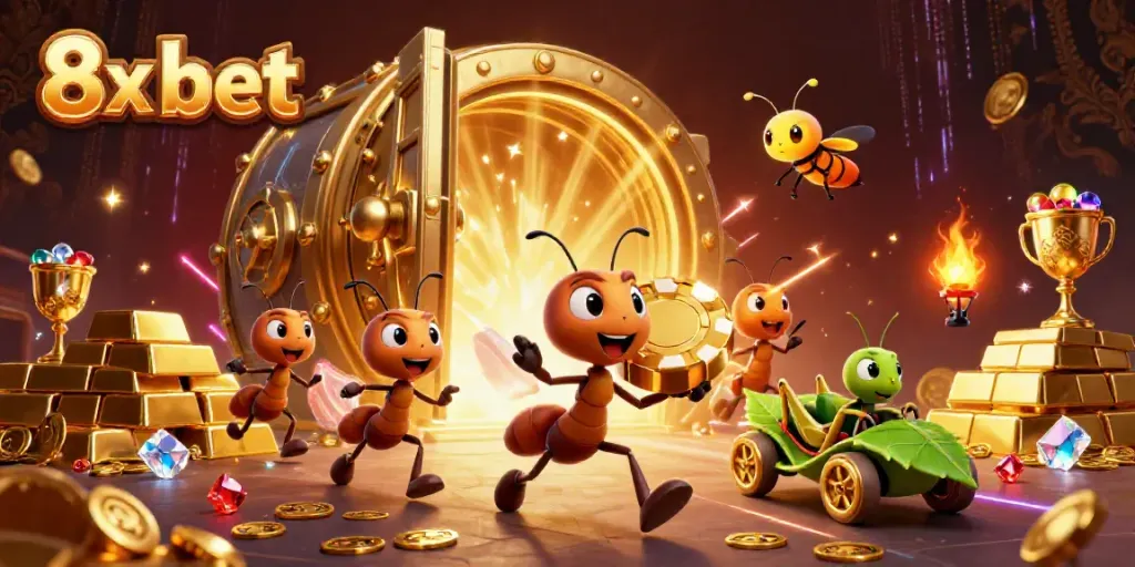 Engage with the vibrant 8x bet scene of cartoon ants pulling off a heist with golden chips and treasures.