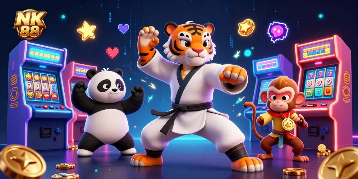 Experience exciting gameplay at NK 88 with the vibrant, 3D gaming characters surrounded by slots and arcade elements.