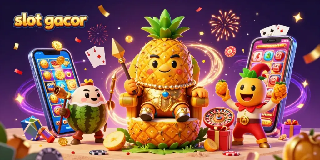 Memenangkan slot gacor dengan simbol buah yang berkilau dan karakter kartun 3D dalam suasana kasino.