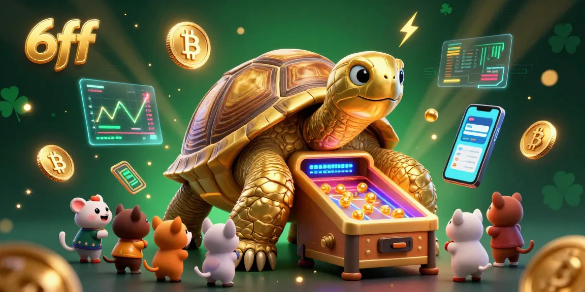 Experience thrilling moments at 6ff with a colossal pinball tortoise amidst vibrant crypto coins and gaming excitement.