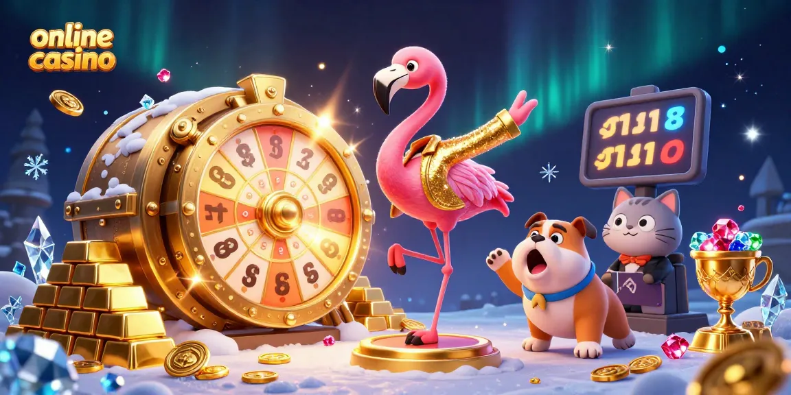 Exciting 3D scene showcasing an online casino with a flamingo host, bulldog contestant, and sparkling treasures.